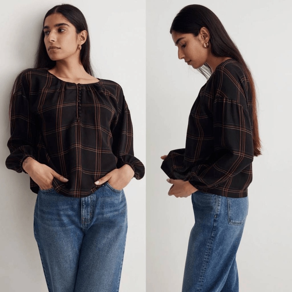 NWT Madewell Shirred Peasant Windowpane Plaid Print Blouse Wool Blend Top - Picture 6 of 6